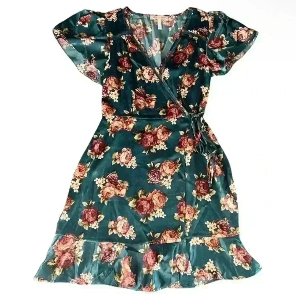 B.O.G. Faux Wrap Floral Dress in Blue/Rose Size Small NWOT Fairy grunge boho